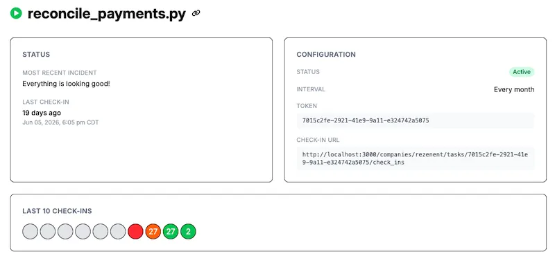 OxFF cron job detail view showing check-in history and status